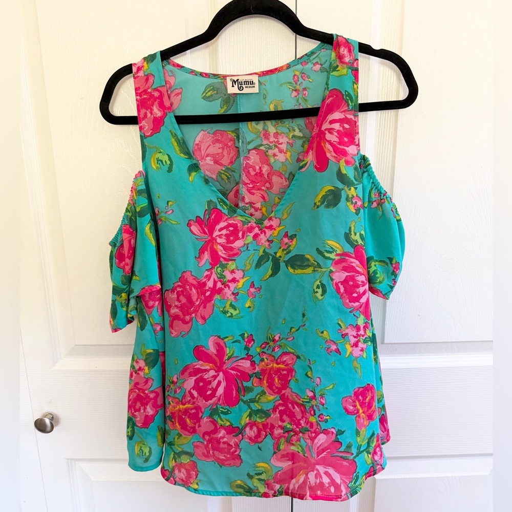Show Me Your MuMu Floral Cold Shoulder Top - Pink and Blue